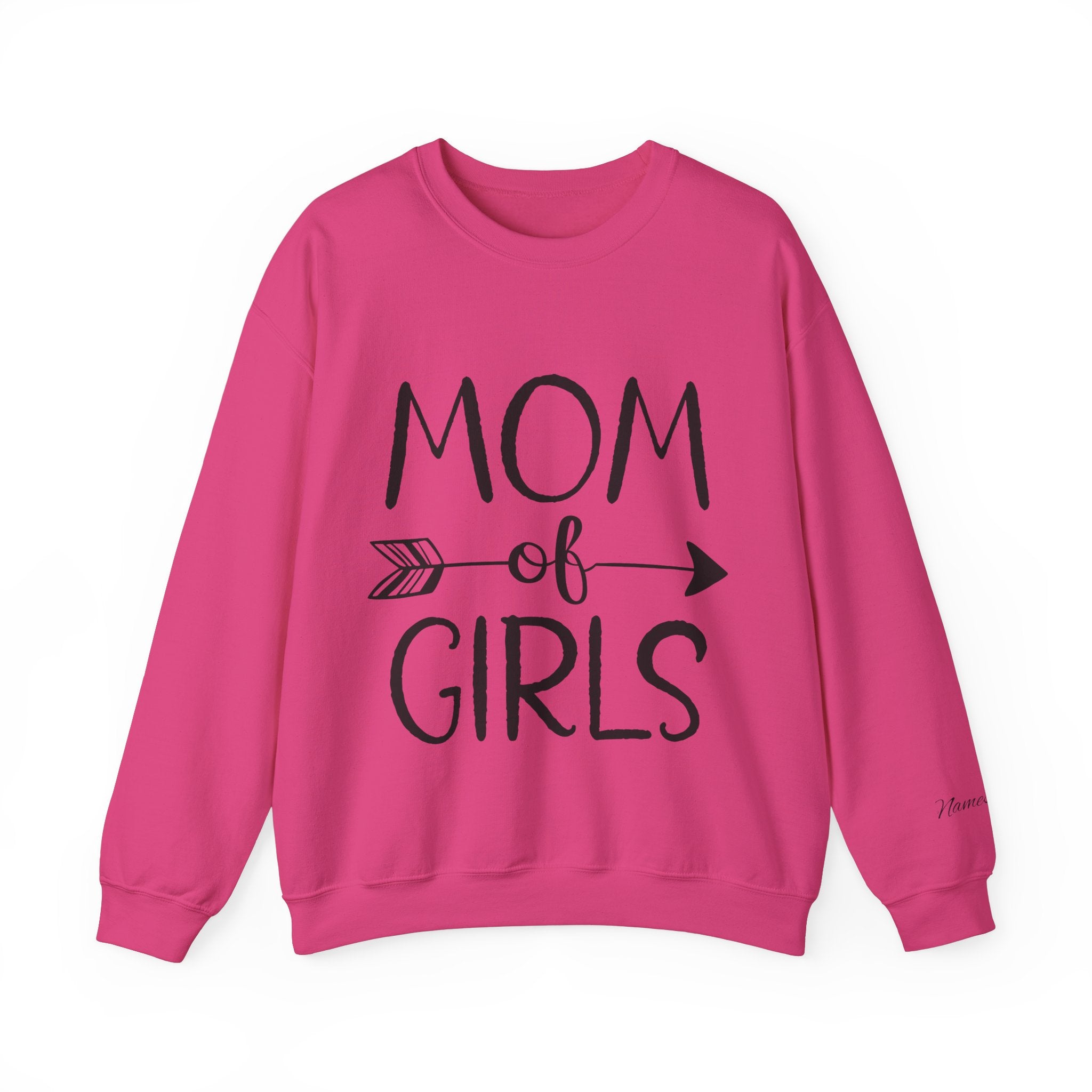 Mom of girls with daughters name on sleve Heavy Blend™ Crewneck Sweatshirt