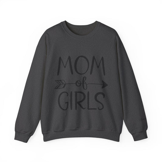 Mom of girls with daughters name on sleve Heavy Blend™ Crewneck Sweatshirt