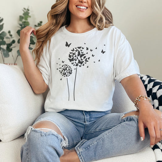 Butterfly make a wish, dandelion tee, butterfly flower tshirt, gardener present t-shirt, spring shirt for a gardener, flower lover tee