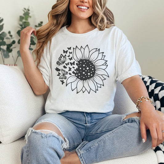 Butterfly sunflower t-shirt, sunflower tee, butterfly tee, garden shirt, present for gardener, flower lover tshirt, beautiful flower shirt,