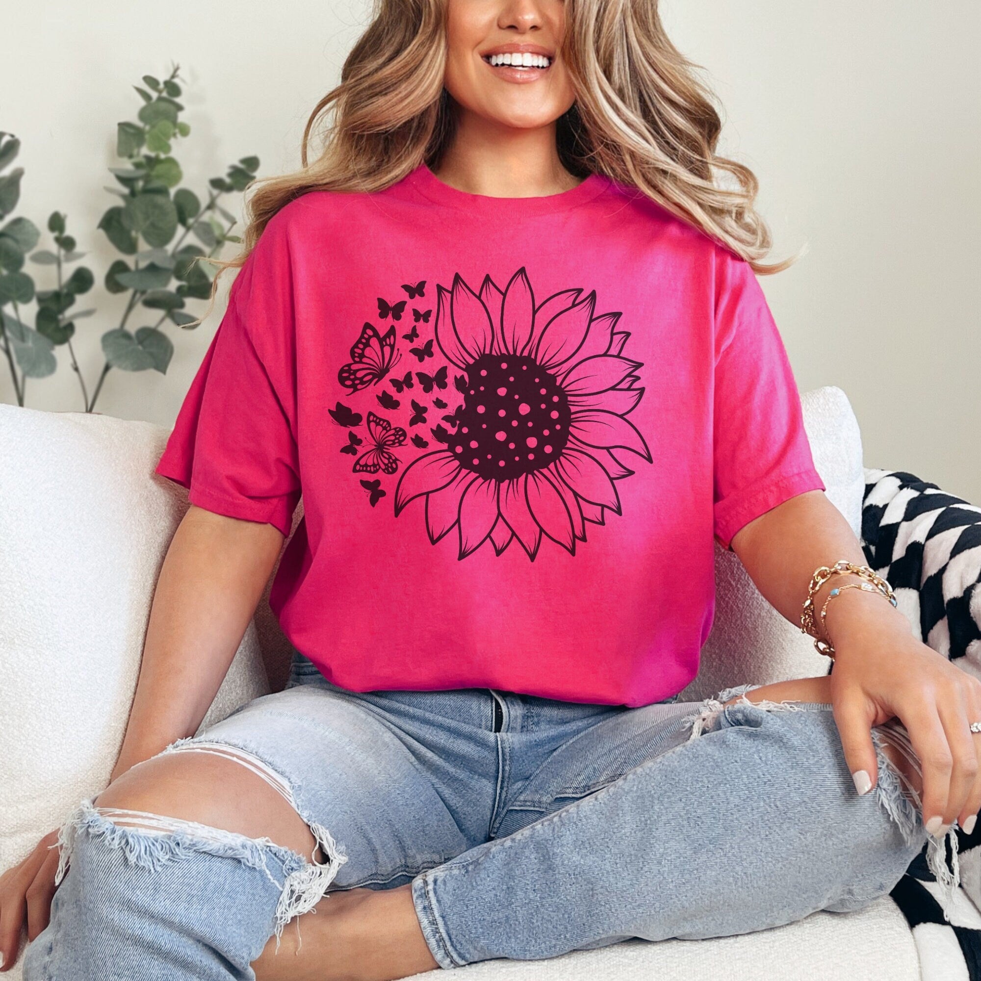 Butterfly sunflower t-shirt, sunflower tee, butterfly tee, garden shirt, present for gardener, flower lover tshirt, beautiful flower shirt,