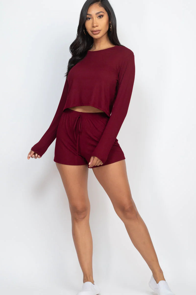 Ribbed Loose Fit Long Sleeve Top & Short Set (CAPELLA)