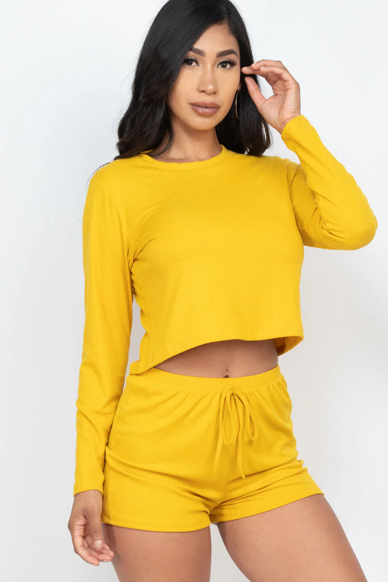 Ribbed Loose Fit Long Sleeve Top & Short Set (CAPELLA)