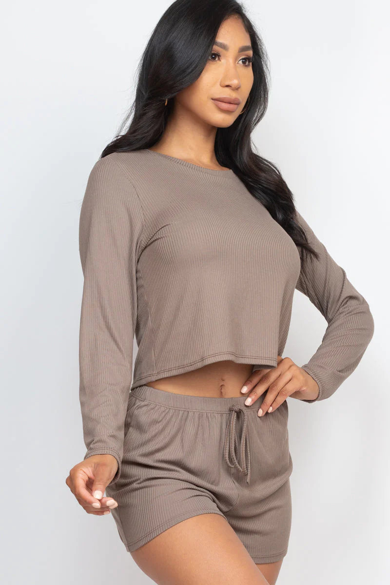 Ribbed Loose Fit Long Sleeve Top & Short Set (CAPELLA)