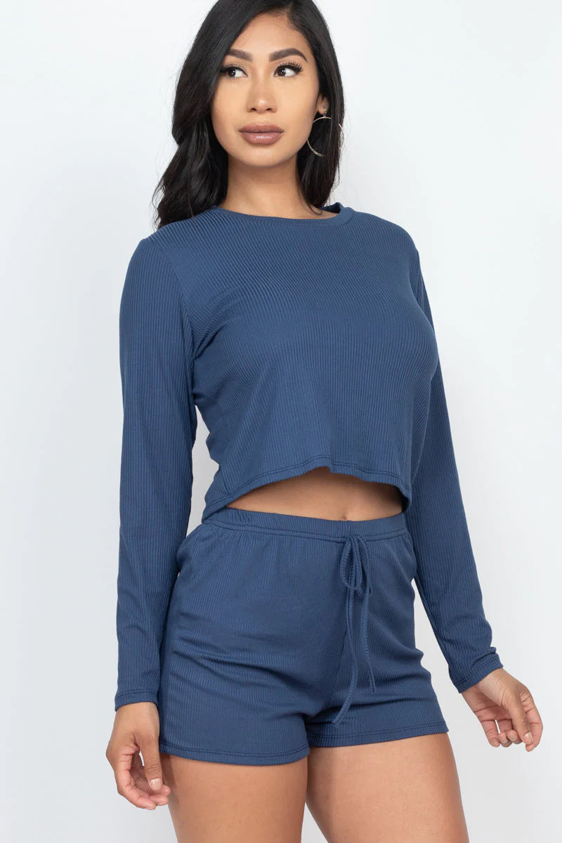 Ribbed Loose Fit Long Sleeve Top & Short Set (CAPELLA)