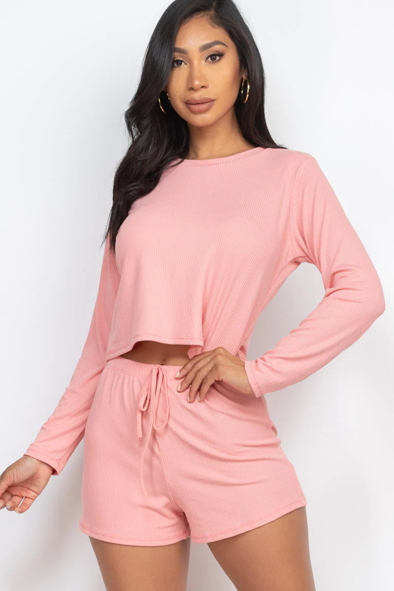 Ribbed Loose Fit Long Sleeve Top & Short Set (CAPELLA)