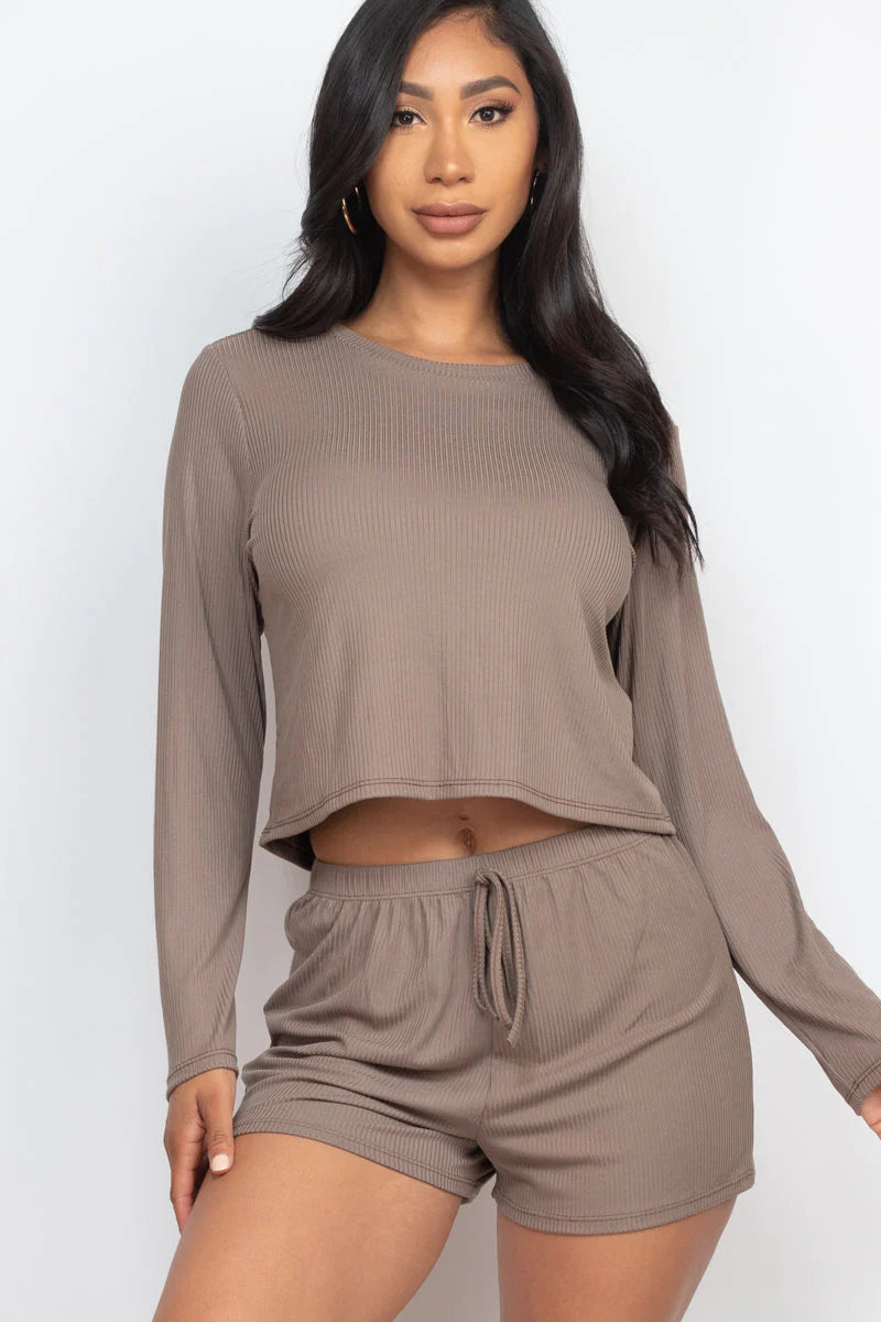 Ribbed Loose Fit Long Sleeve Top & Short Set (CAPELLA)