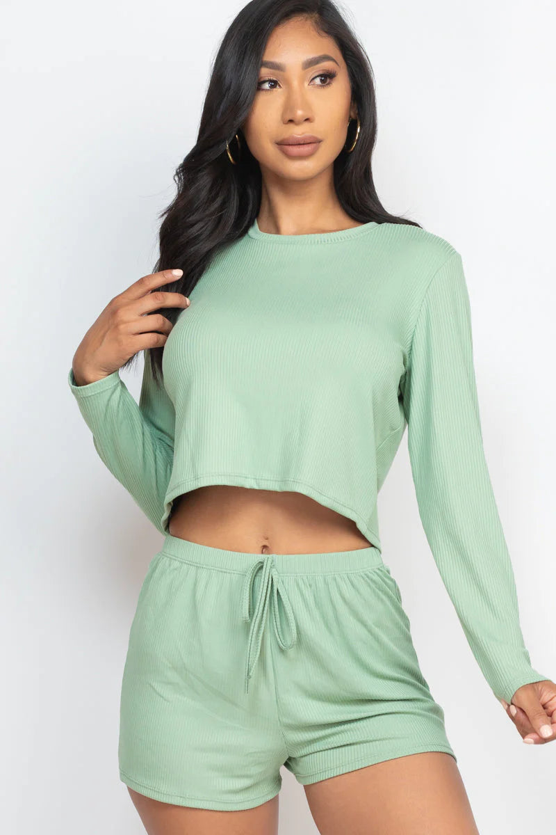 Ribbed Loose Fit Long Sleeve Top & Short Set (CAPELLA)