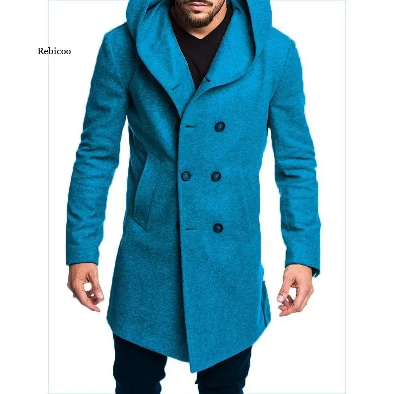 Spring Autumn Men'S Woolen Blends Warm Casual Hooded Coat Men'S Double-Breasted Trench British Style Slim Solid Overcoats