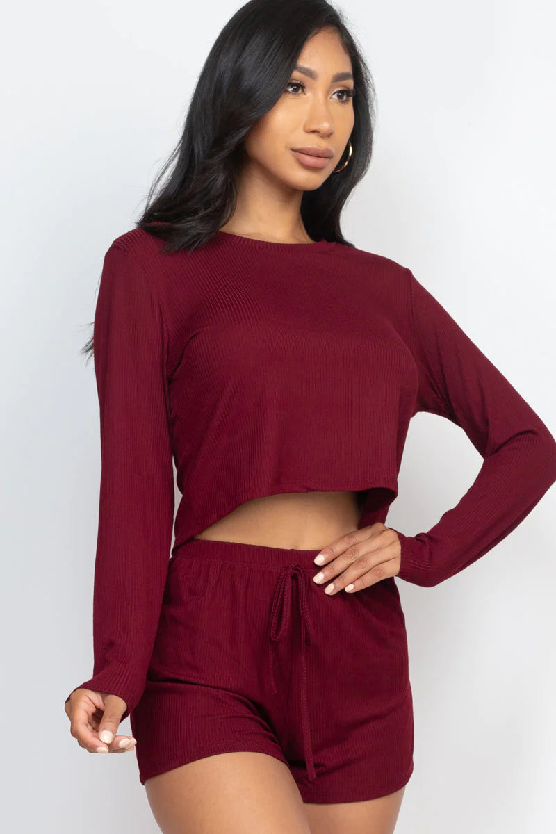 Ribbed Loose Fit Long Sleeve Top & Short Set (CAPELLA)