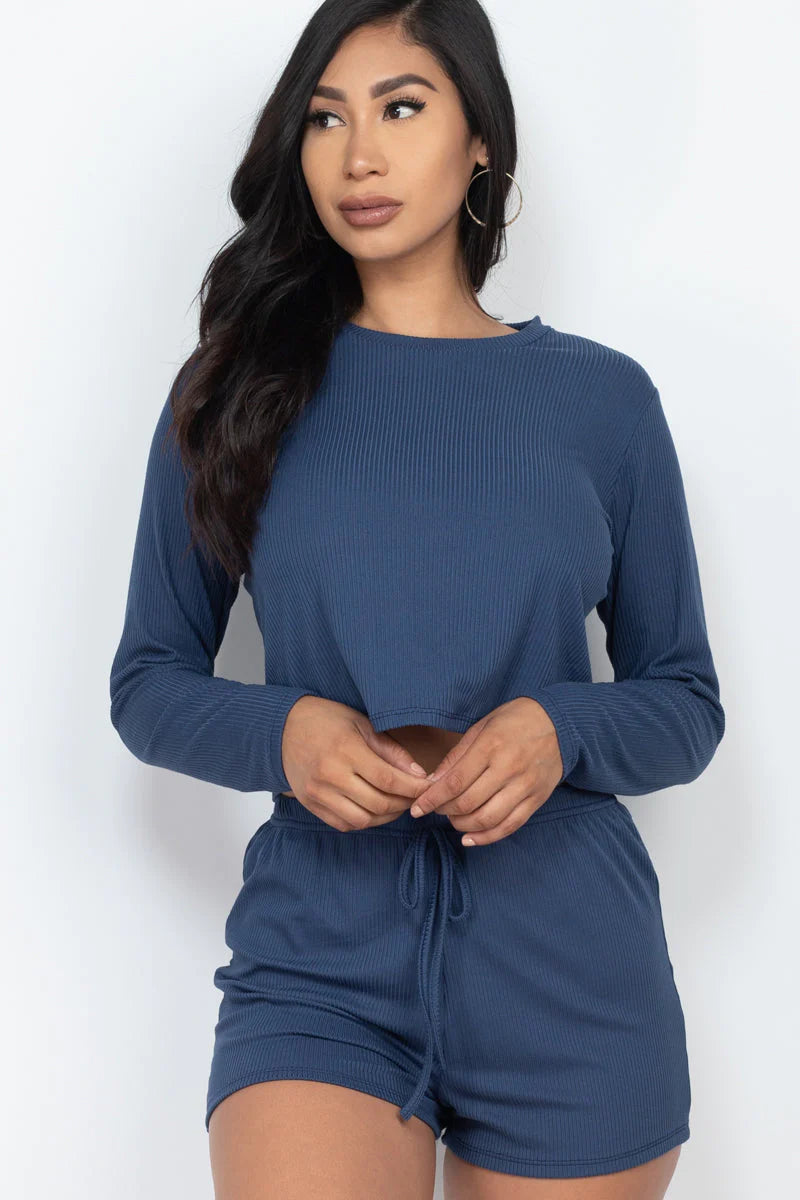 Ribbed Loose Fit Long Sleeve Top & Short Set (CAPELLA)