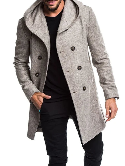 Spring Autumn Men'S Woolen Blends Warm Casual Hooded Coat Men'S Double-Breasted Trench British Style Slim Solid Overcoats