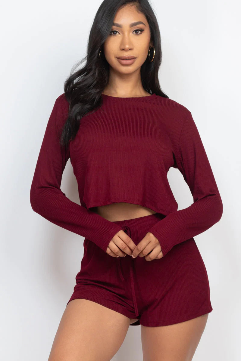 Ribbed Loose Fit Long Sleeve Top & Short Set (CAPELLA)