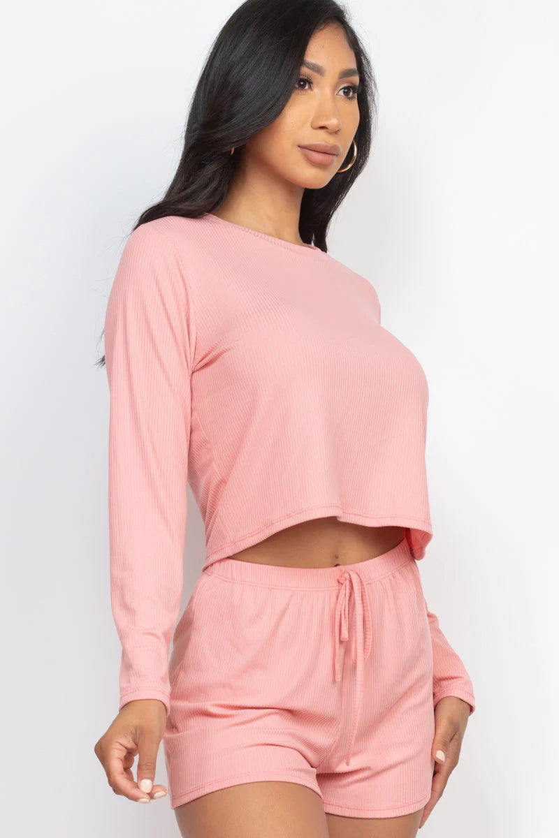 Ribbed Loose Fit Long Sleeve Top & Short Set (CAPELLA)