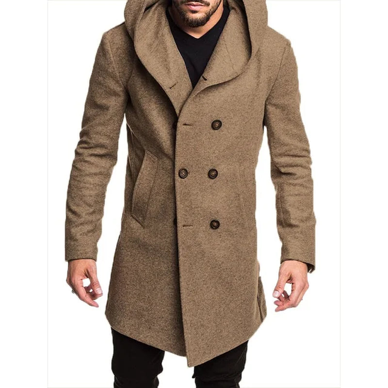 Spring Autumn Men'S Woolen Blends Warm Casual Hooded Coat Men'S Double-Breasted Trench British Style Slim Solid Overcoats