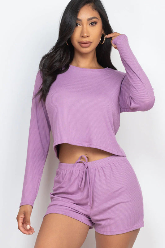 Ribbed Loose Fit Long Sleeve Top & Short Set (CAPELLA)