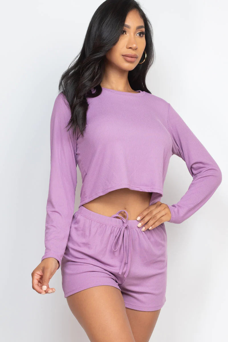 Ribbed Loose Fit Long Sleeve Top & Short Set (CAPELLA)