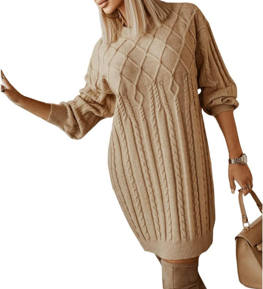 Women'S Cable Knit Sweater Dress Long Sleeve Crew Neck Ribbed Pullover Khaki