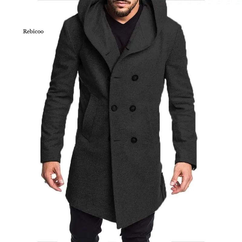 Spring Autumn Men'S Woolen Blends Warm Casual Hooded Coat Men'S Double-Breasted Trench British Style Slim Solid Overcoats