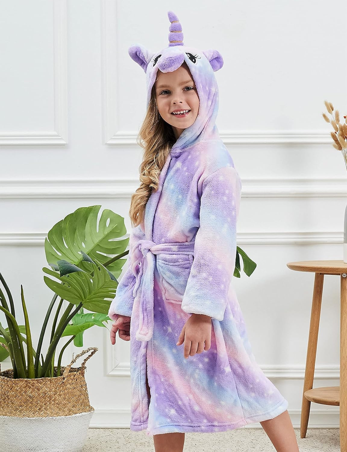 Soft Unicorn Hooded Robe with Matching Slippers Headband and Blindfold for Girls